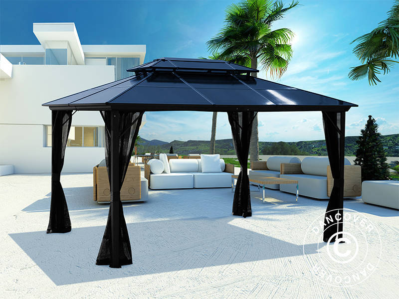 Gazebo Santa Ana con tende e zanzariera, 3x4m, nero