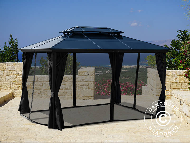 Gazebo Santa Ana con tende e zanzariera, 3x4m, nero