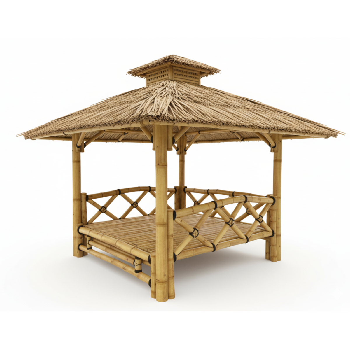 Gazebo in bambù di alta gamma con piattaforma per il riposo, struttura tradizionale e finiture naturali per il giardino