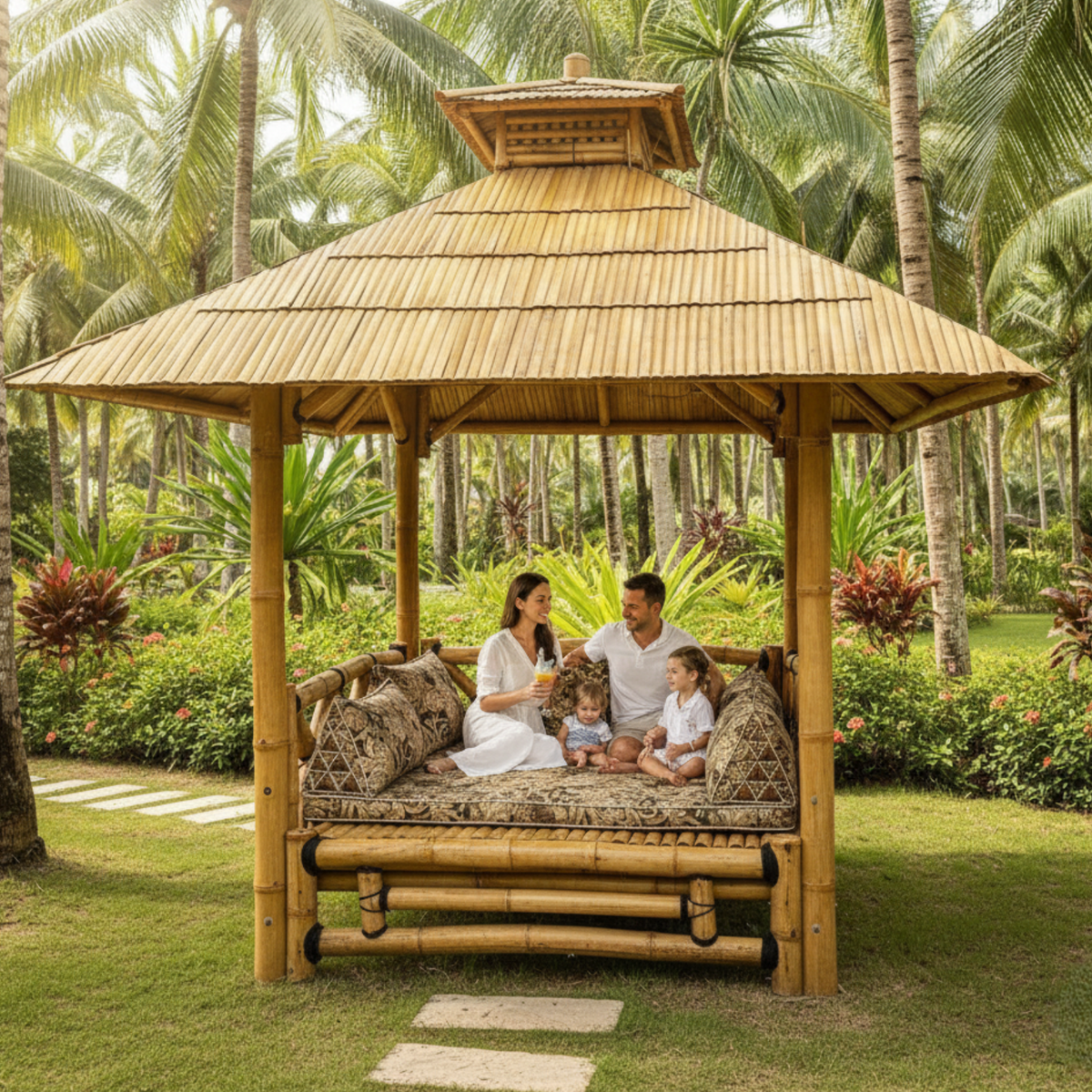 Paillote in Bambù con Pavimento Sopraelevato | Gazebo & Pergola Balinese con Tetto in Bambù o Palma | 250x250 & 300x300 cm