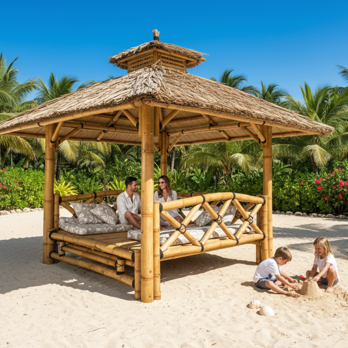 Paillote in Bambù con Pavimento Sopraelevato | Gazebo & Pergola Balinese con Tetto in Bambù o Palma | 250x250 & 300x300 cm