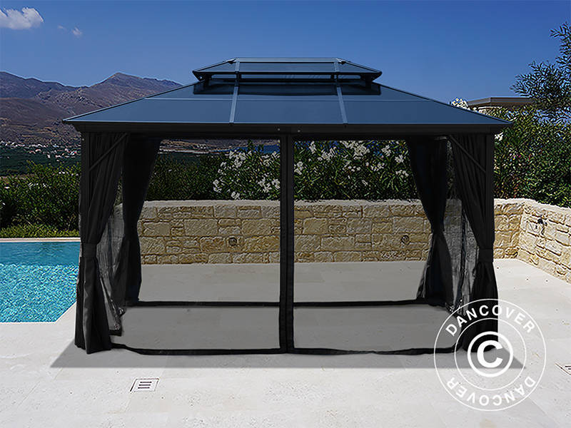 Gazebo Santa Ana con tende e zanzariera, 3x4m, nero