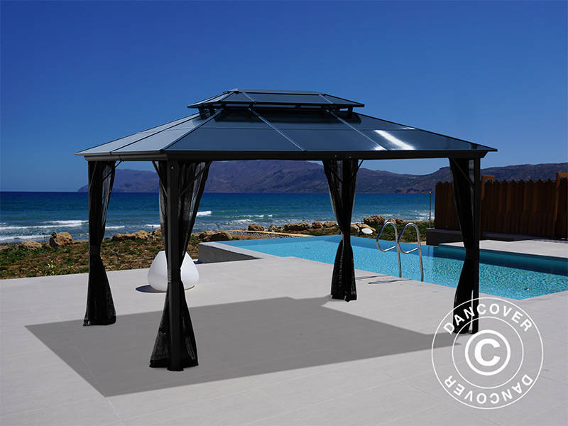 Gazebo Santa Ana con tende e zanzariera, 3x4m, nero