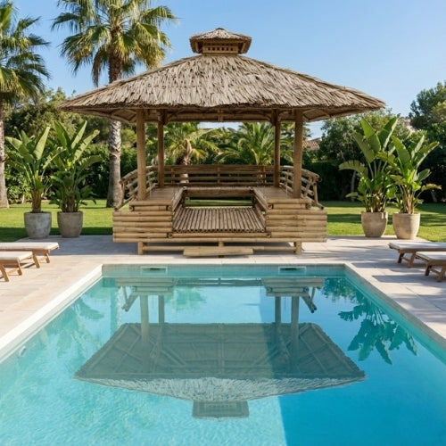 Paillote in Bambù con Panche M2 | Gazebo & Pergola Naturale con Tavoli | Tetto in Bambù o Palma | 250x250 & 300x300 cm
