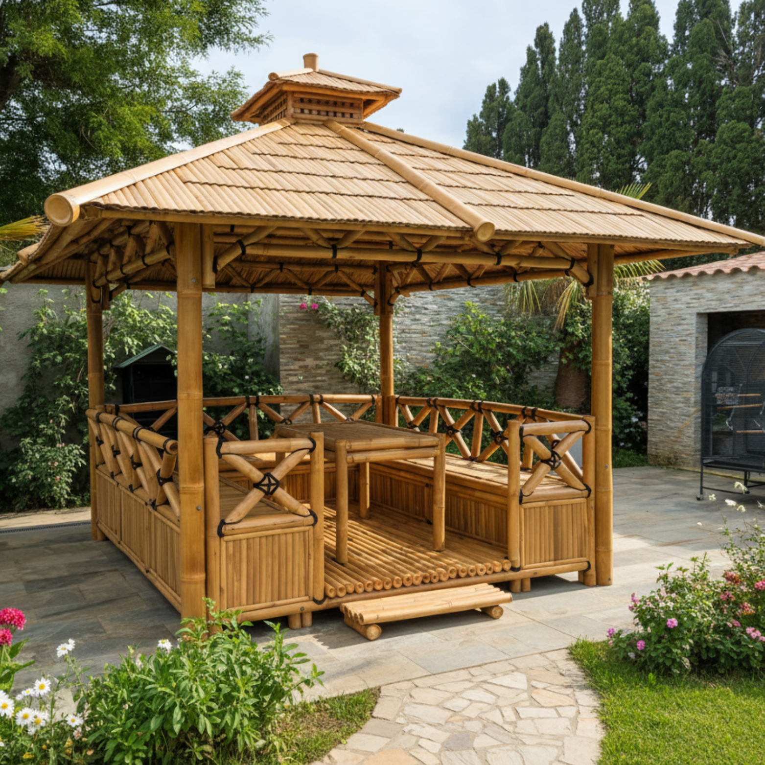 Paillote in Bambù con Panche M1 | Gazebo & Pergola Naturale con Spazio Pranzo | Tetto in Bambù o Palma | 250x250 & 300x300 cm