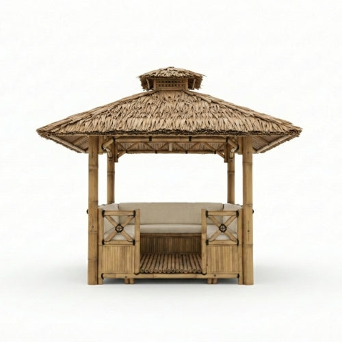 Paillote in Bambù con Panche M1 | Gazebo & Pergola Naturale con Spazio Pranzo | Tetto in Bambù o Palma | 250x250 & 300x300 cm