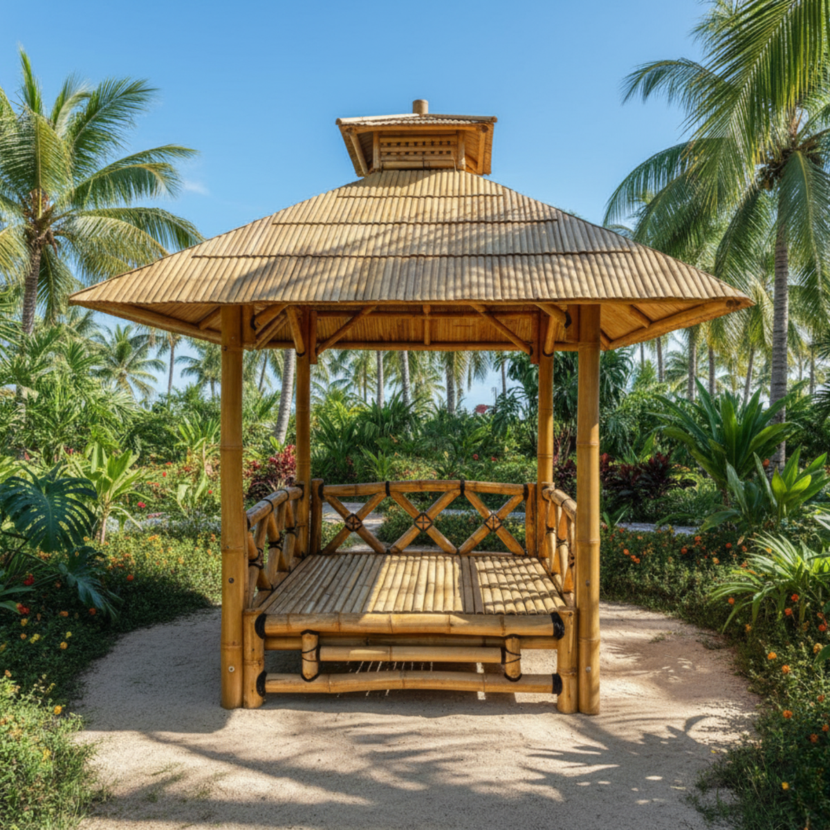 Paillote in Bambù con Pavimento Sopraelevato | Gazebo & Pergola Balinese con Tetto in Bambù o Palma | 250x250 & 300x300 cm