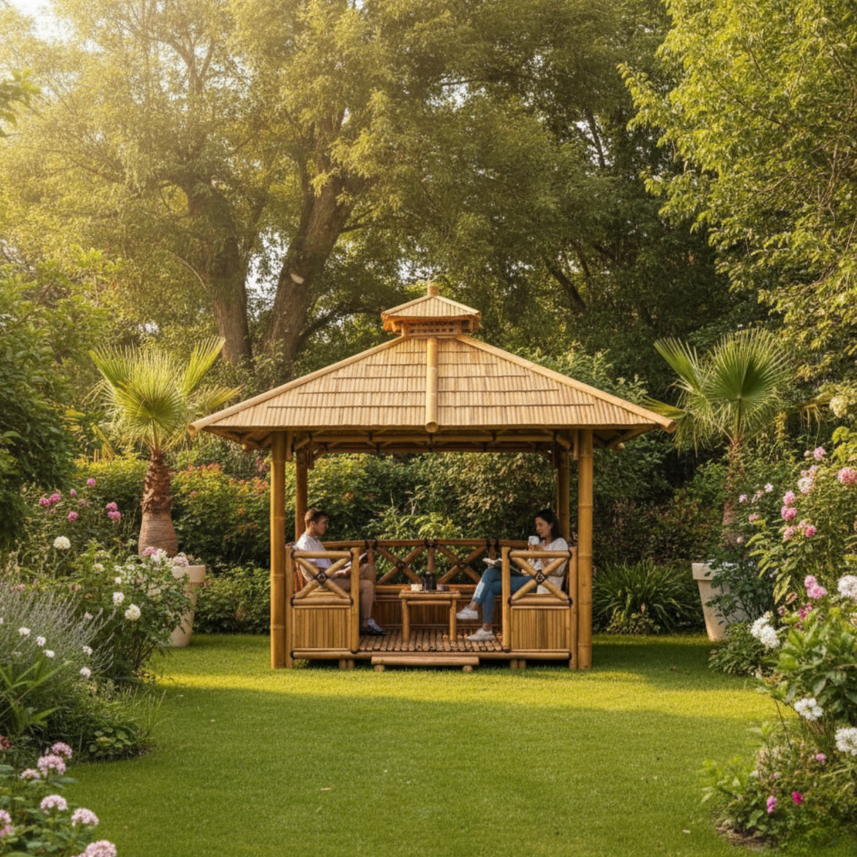 Paillote in Bambù con Panche M1 | Gazebo & Pergola Naturale con Spazio Pranzo | Tetto in Bambù o Palma | 250x250 & 300x300 cm