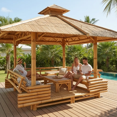 Paillote in Bambù con Panche M2 | Gazebo & Pergola Naturale con Tavoli | Tetto in Bambù o Palma | 250x250 & 300x300 cm