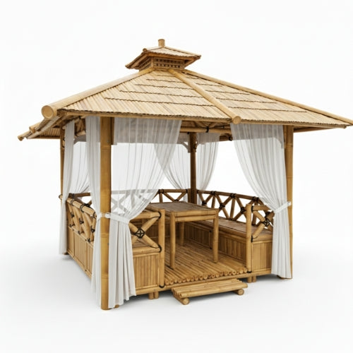 Paillote in Bambù con Panche M1 | Gazebo & Pergola Naturale con Spazio Pranzo | Tetto in Bambù o Palma | 250x250 & 300x300 cm