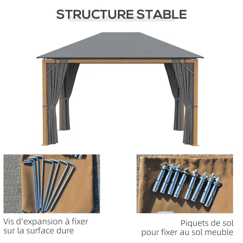 Gazebo da giardino rettangolare con tende e telo tetto in poliestere 4 x 3 m – Struttura in alluminio